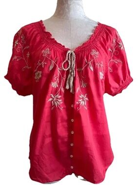 David Brooks Embroidered Boho Peasant Blouse Red Short Sleeve Button Front